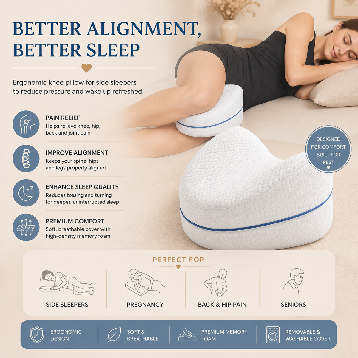 Knee pillow dimensions, perfect size maximum comfort