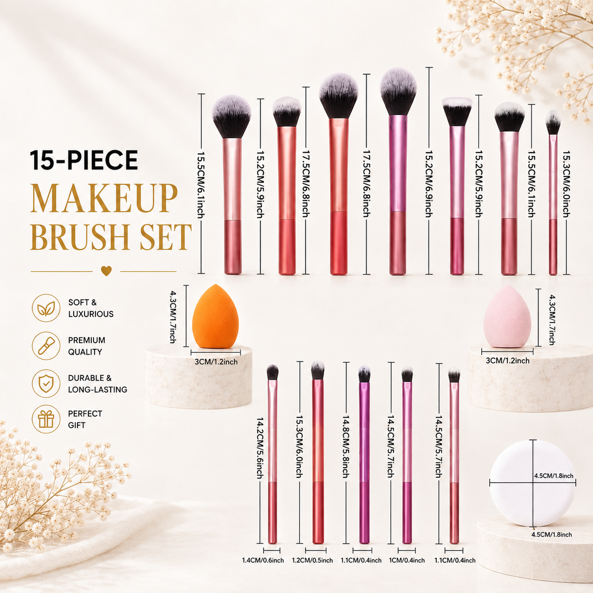 Perfect dimensions of 15-piece brush set