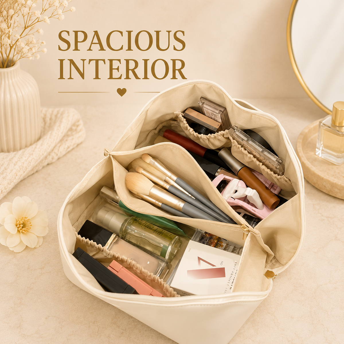 Toiletry bag spacious interior with makeup and toiletries