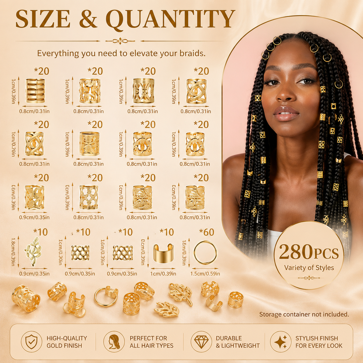 Glowth 280pcs Golden Braiding Jewelry size and quantity chart