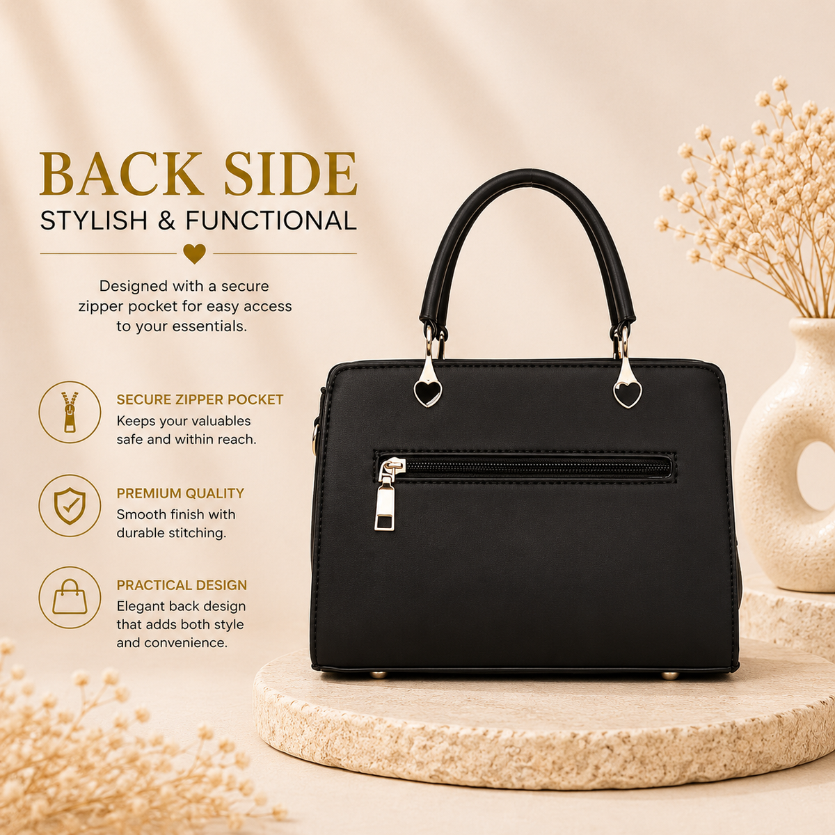 Darsheoly handbag back side zipper pocket