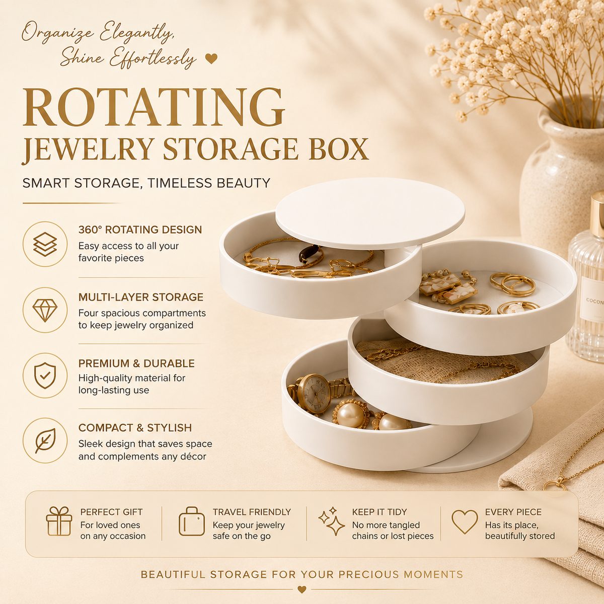 Rotating jewelry storage box, organize elegantly shine effortlessly