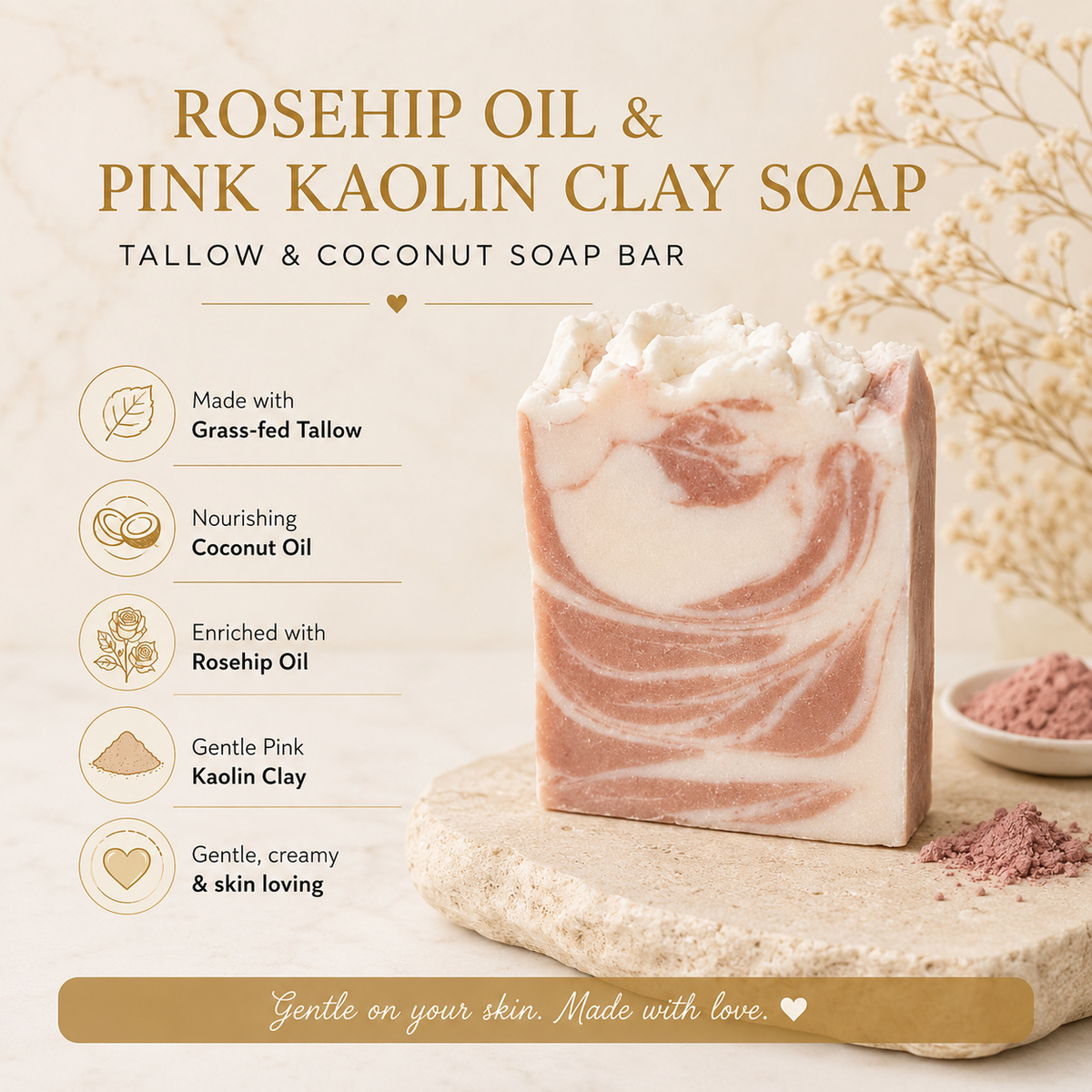 Net Liefde Rosehip Oil Pink Kaolin Clay Soap, grass-fed tallow, coconut oil, rosehip oil, gentle creamy skin loving