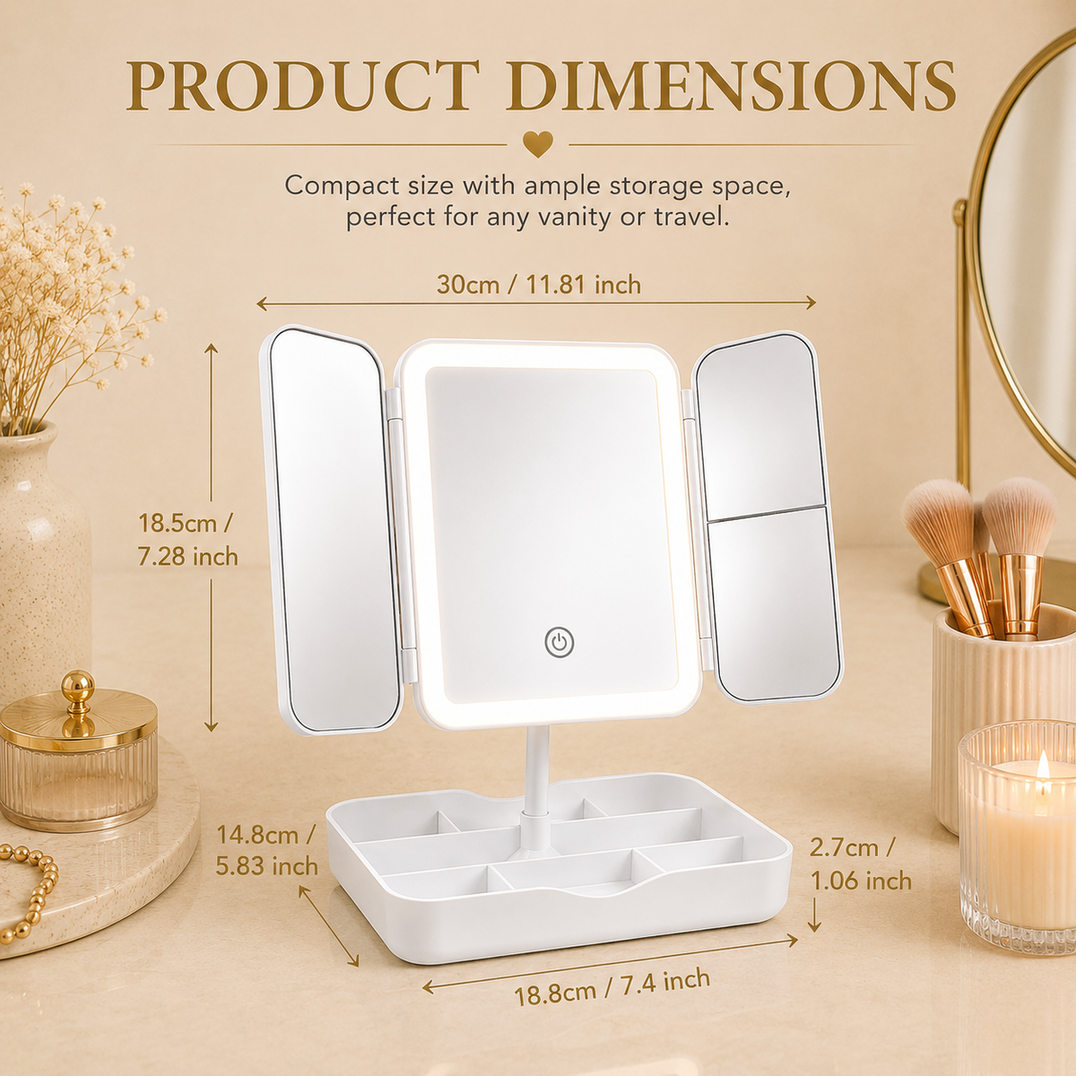 Glowth LED Tri-Fold Makeup Mirror dimensions