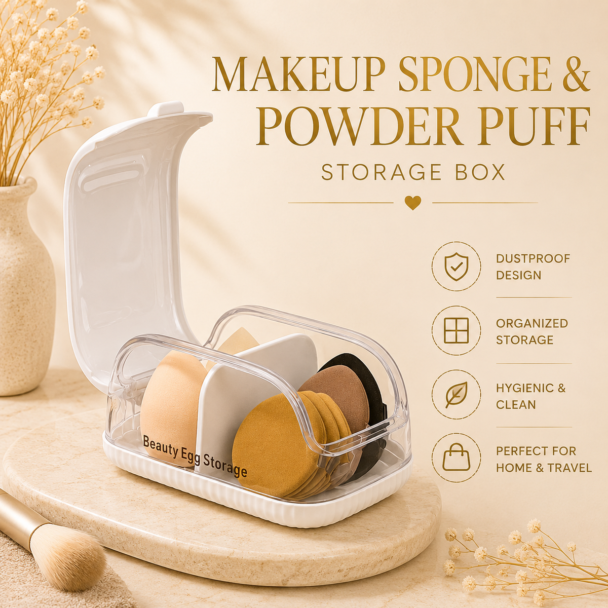 Makeup sponge and powder puff storage box
