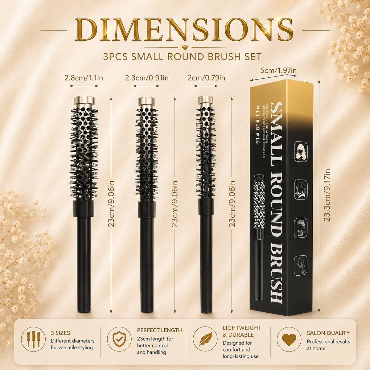 Glowth 3pcs Small Round Brush Set dimensions