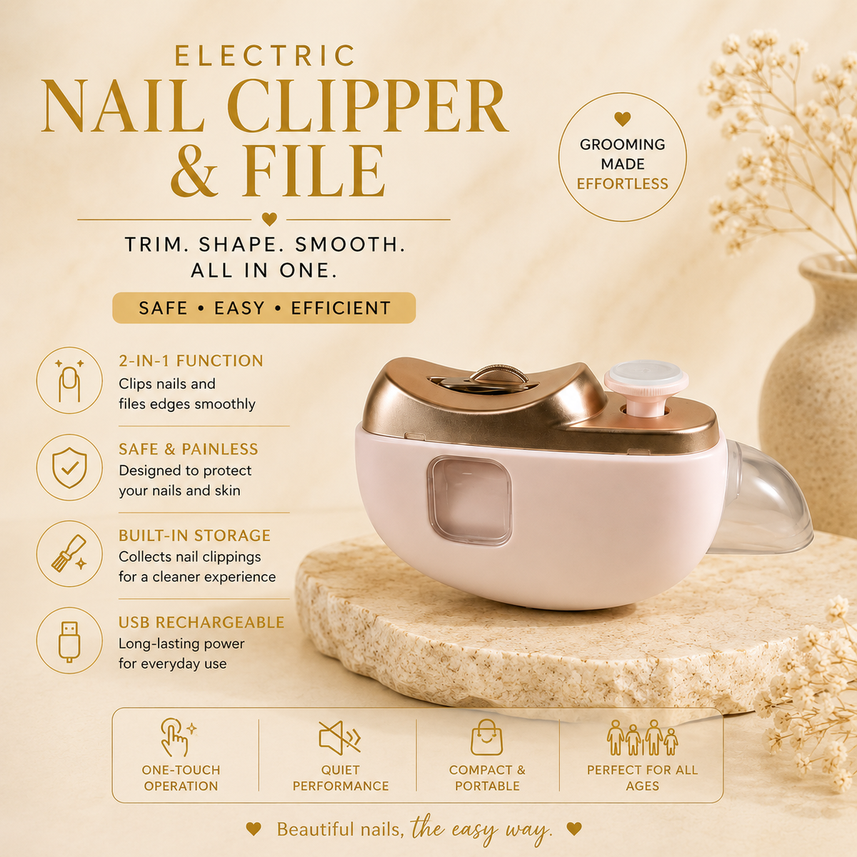 Electric nail clipper and file, trim shape smooth