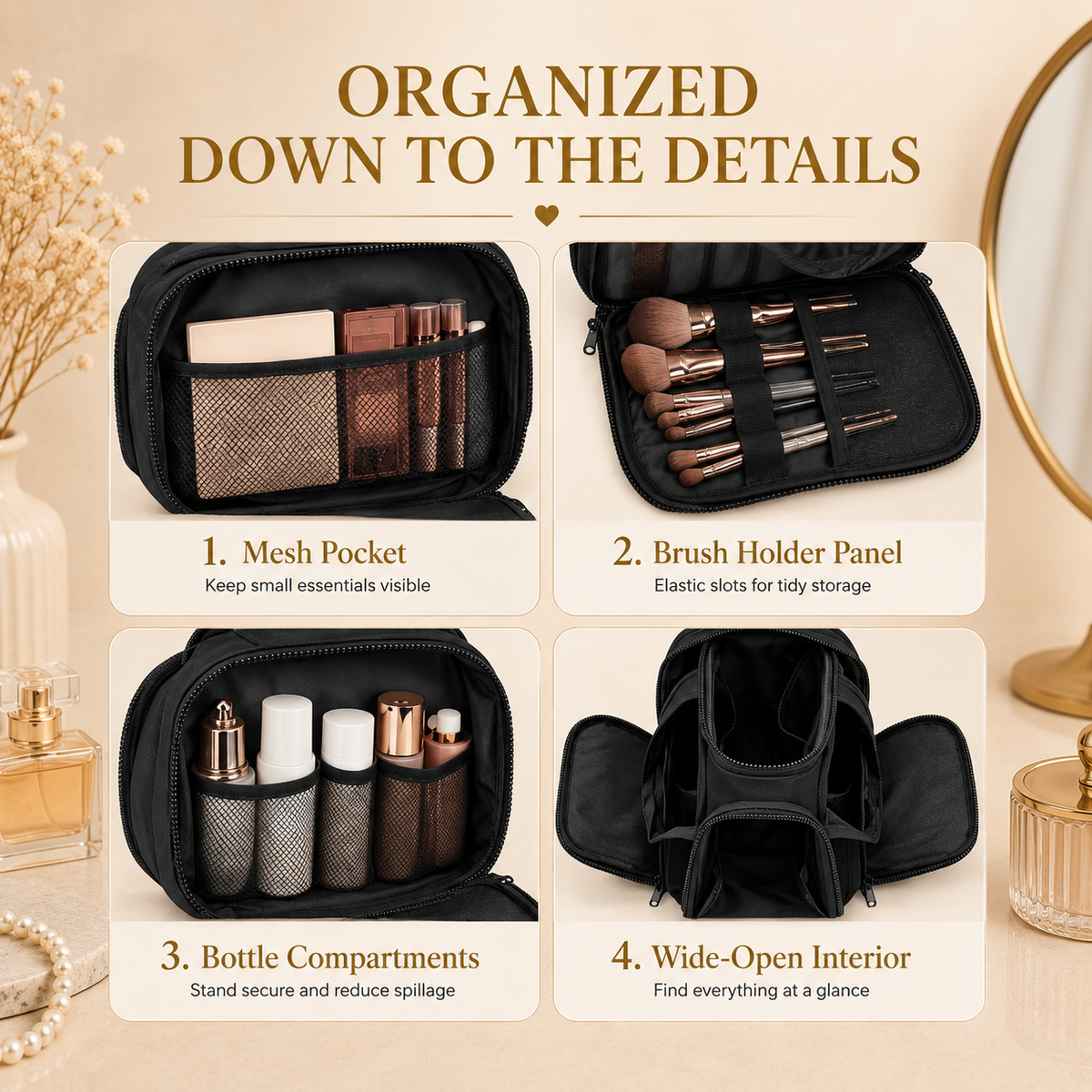 Glowth Travel Makeup Bag organized details