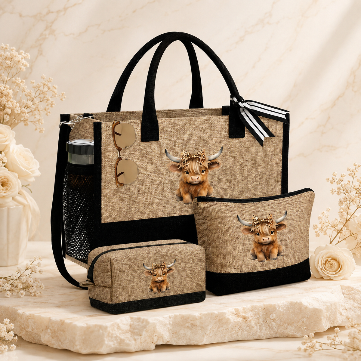 Glowth 3-piece highland cow jute tote bag set