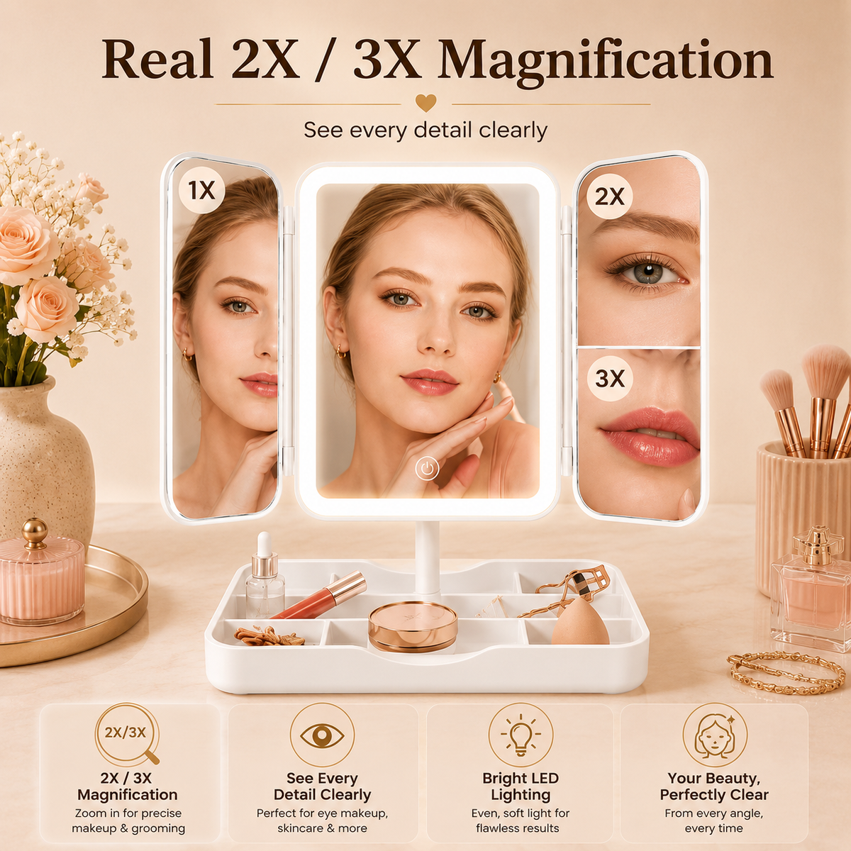 Glowth LED Tri-Fold Makeup Mirror real 2X/3X magnification