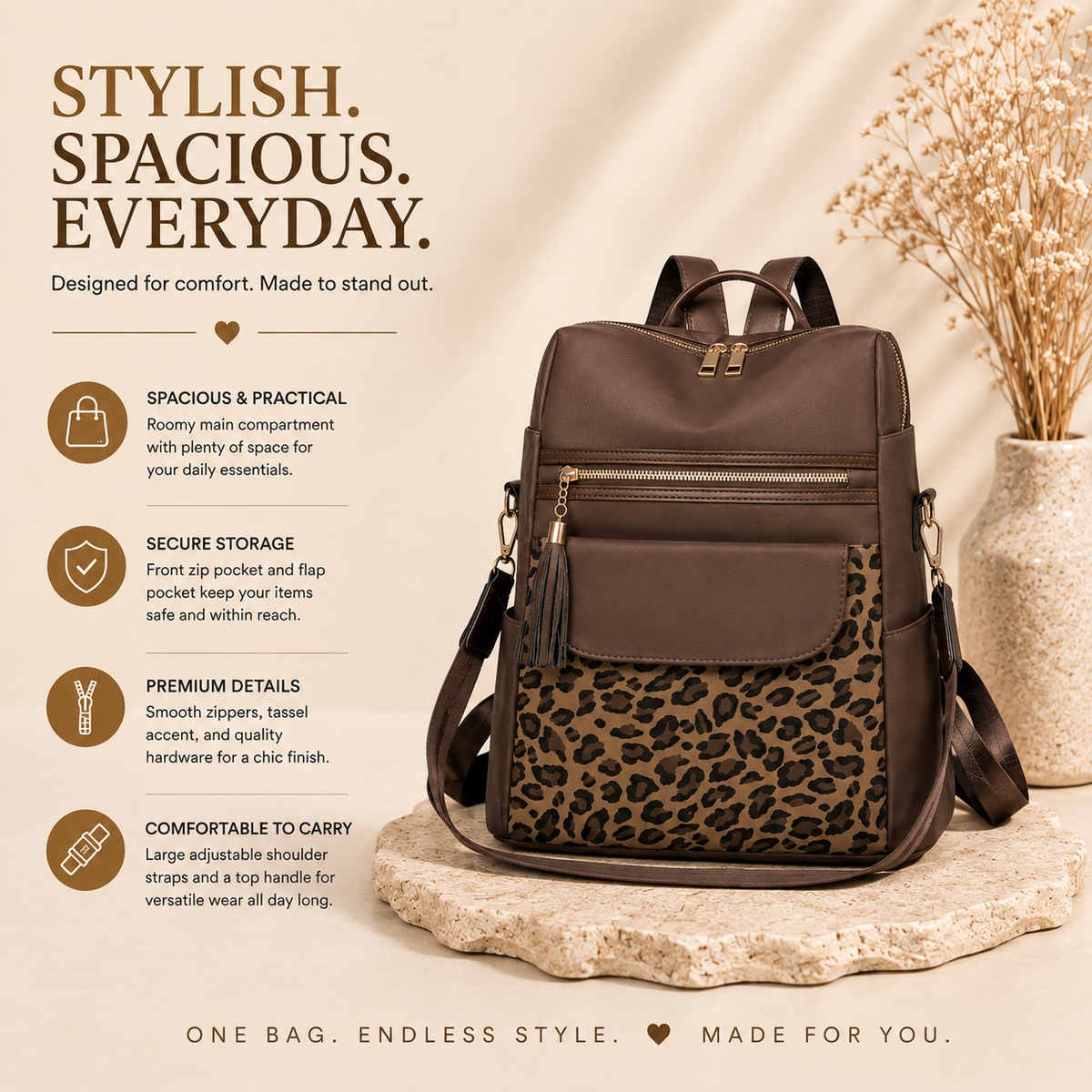 Leopard Print Backpack features