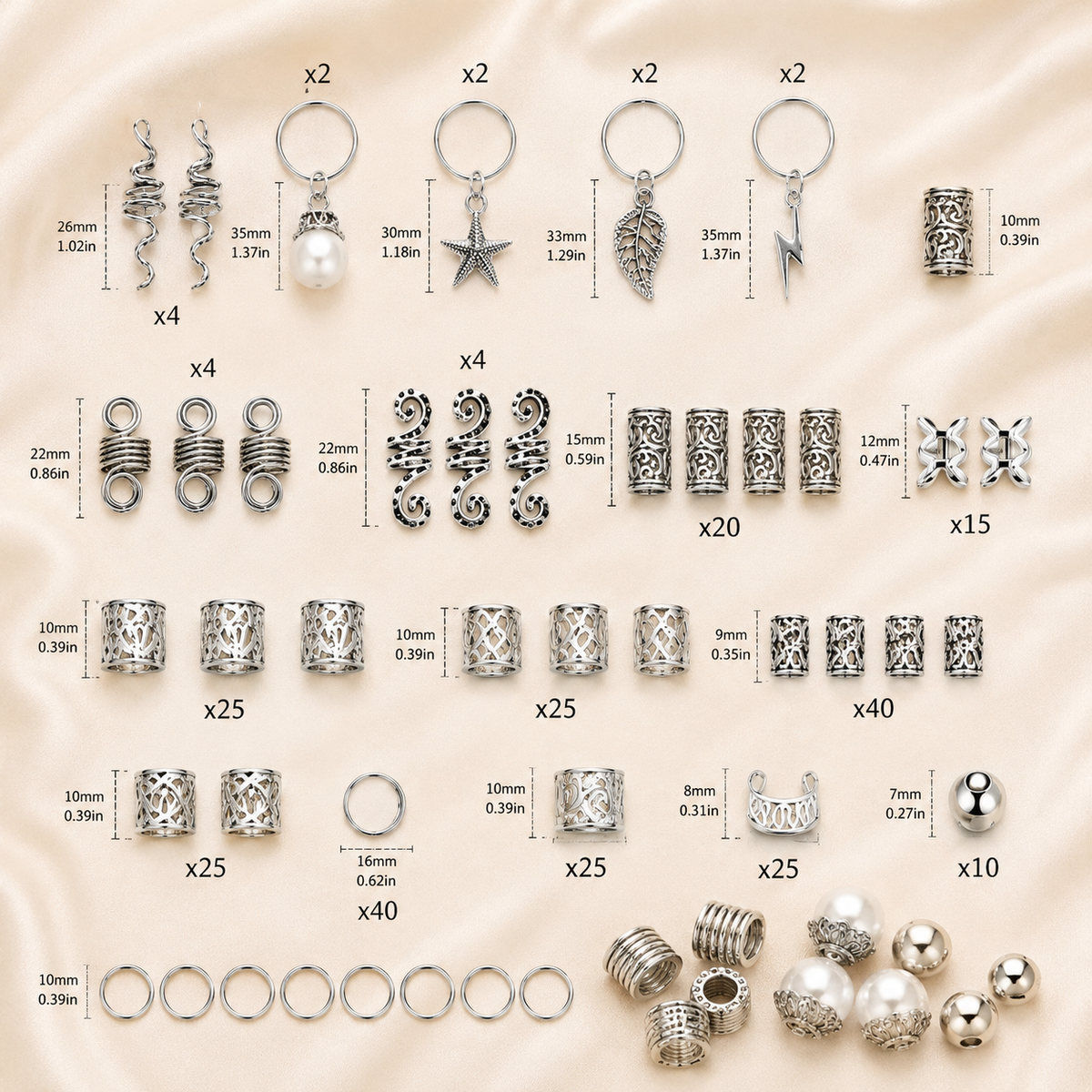 Glowth 220pcs Silver Hair Accessories size and quantity chart