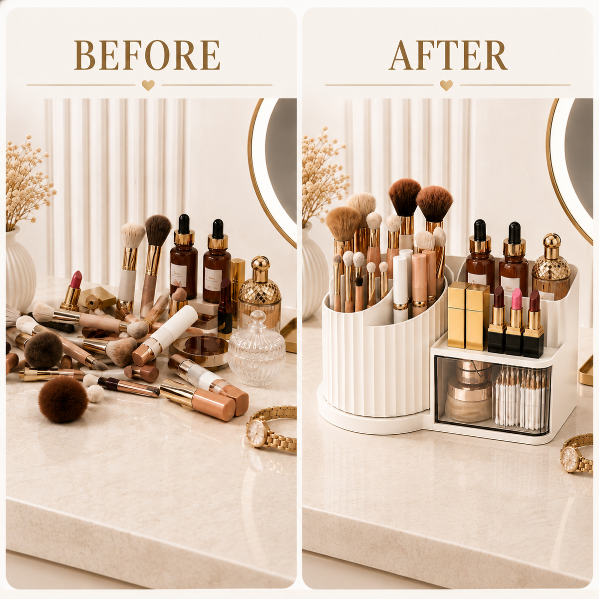 Before and after makeup organization