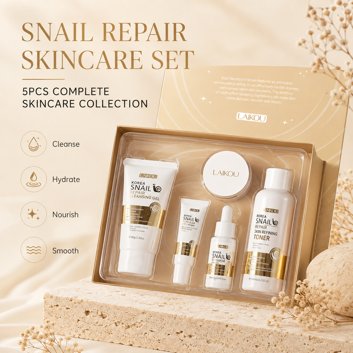 Snail repair skincare set, 5pcs complete skincare collection