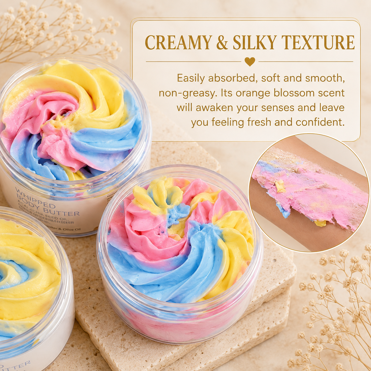 Creamy and silky texture whipped body butter