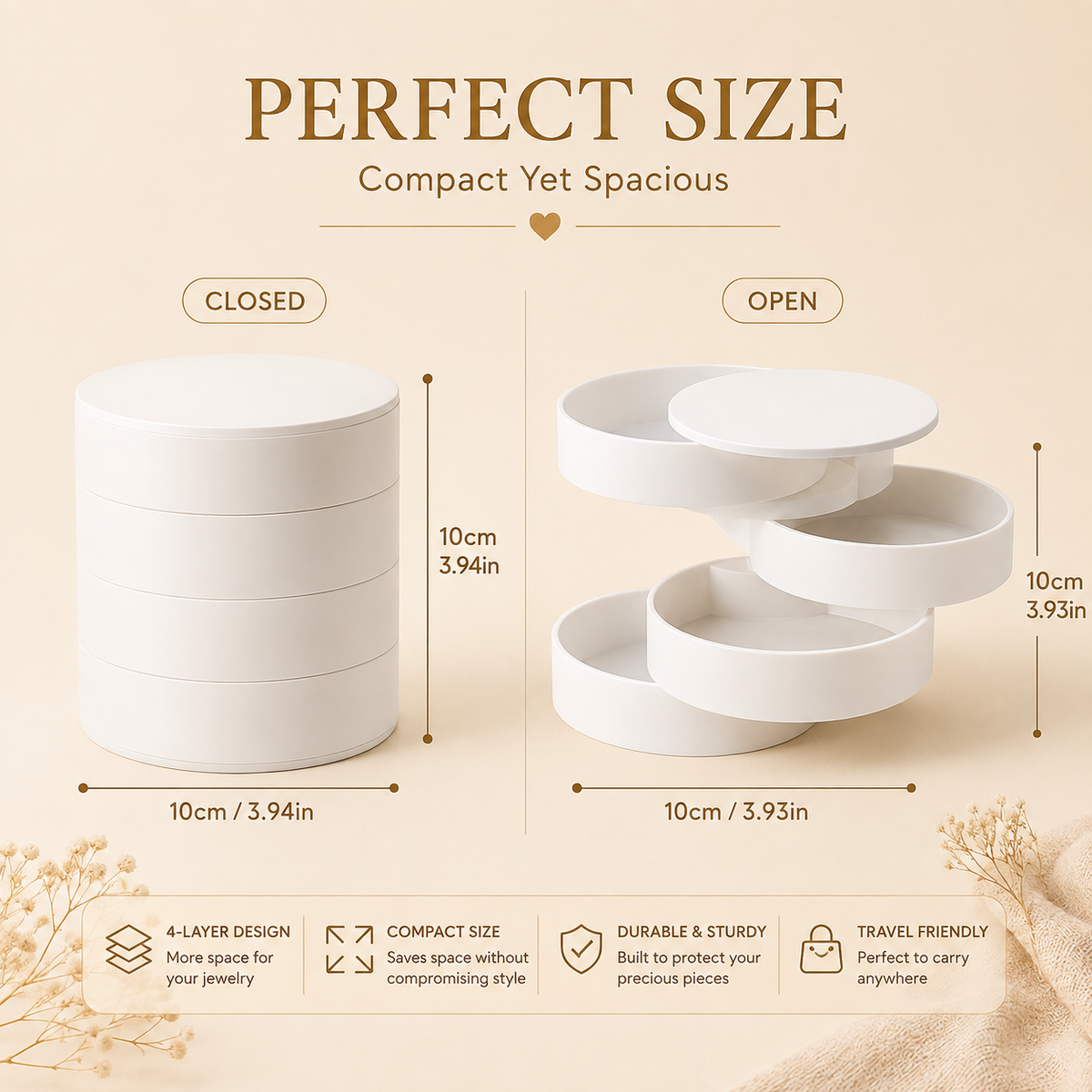Rotating jewelry storage box, perfect size, compact yet spacious