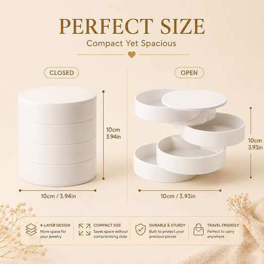 Rotating jewelry storage box, perfect size, compact yet spacious