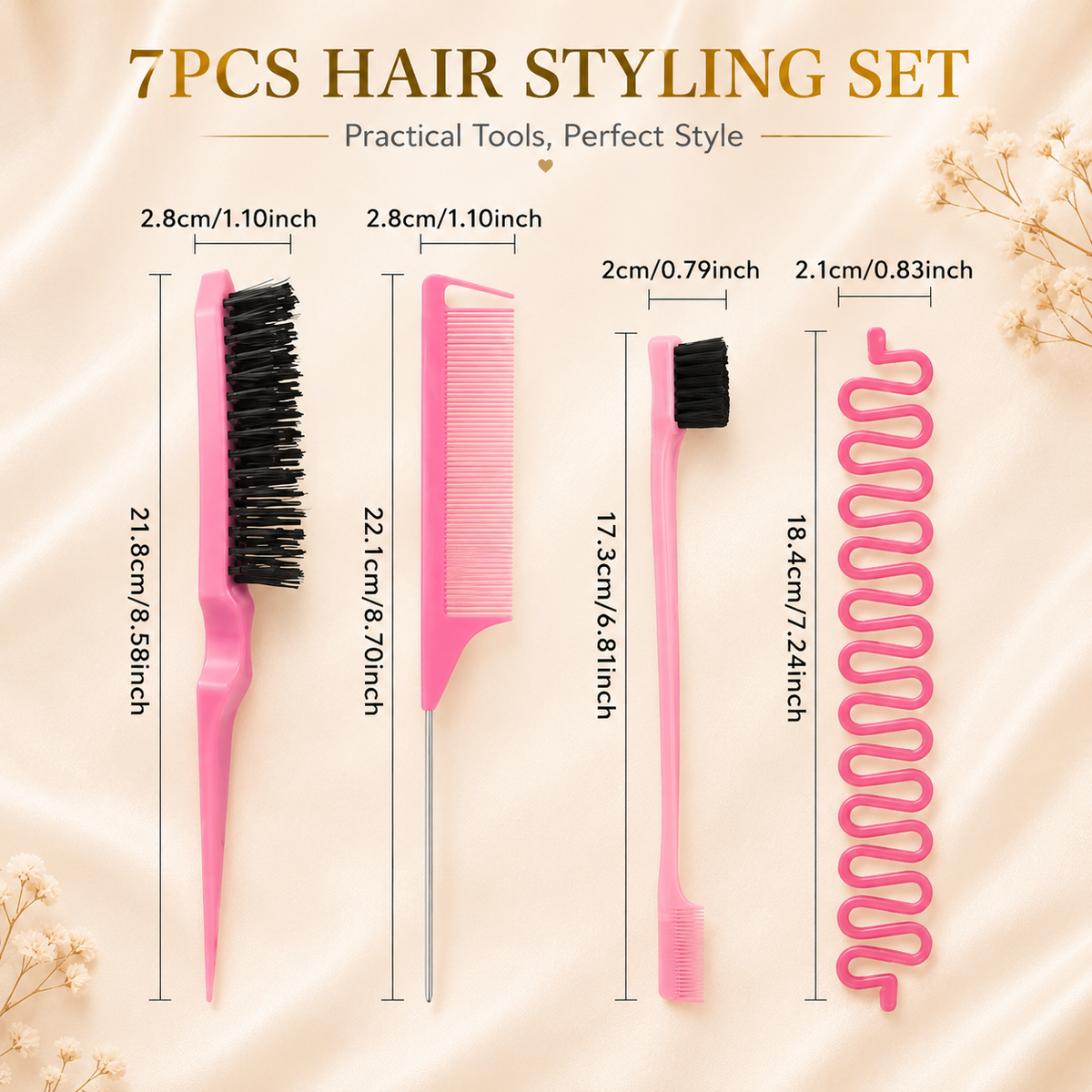 Glowth ROZINO 7pcs Hair Styling Set dimensions - braid tools and wax stick