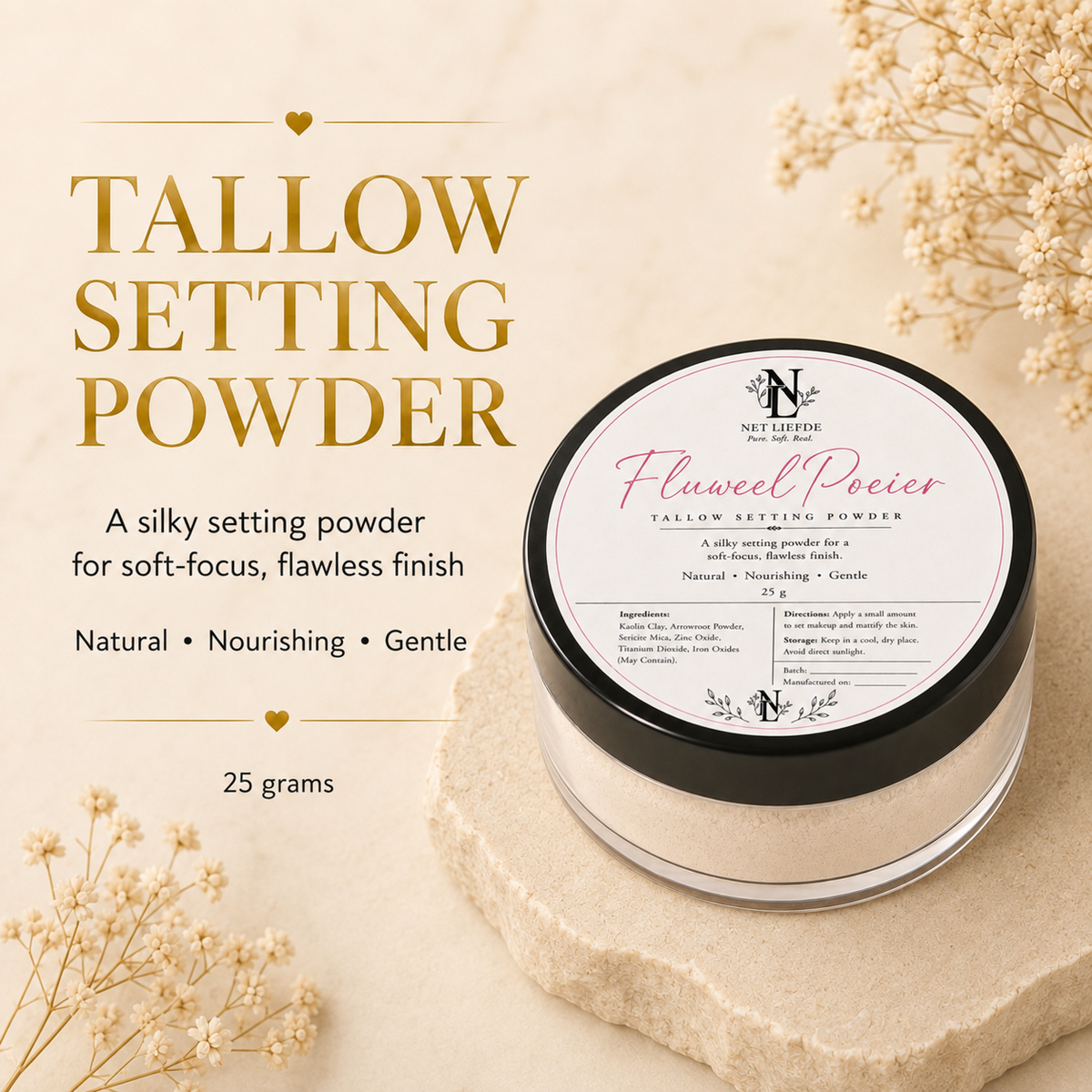 Net Liefde Fluweel Poeier tallow setting powder, silky setting powder soft focus flawless finish, 25 grams