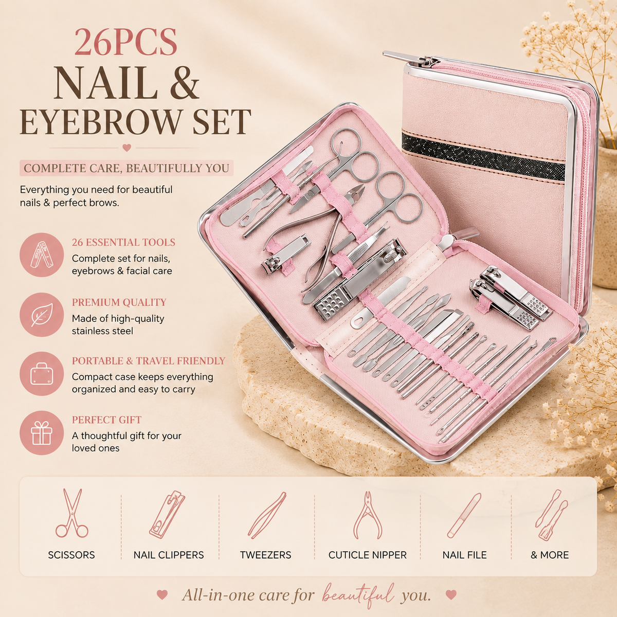 26 pcs nail and eyebrow set, complete care beautifully you
