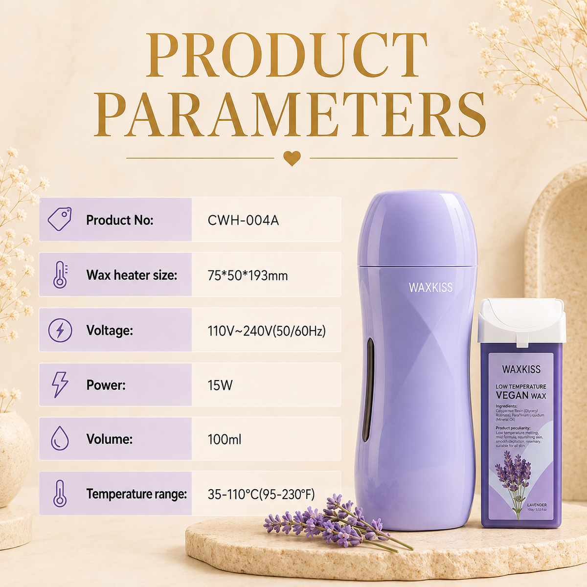 Product parameters, wax heater specifications
