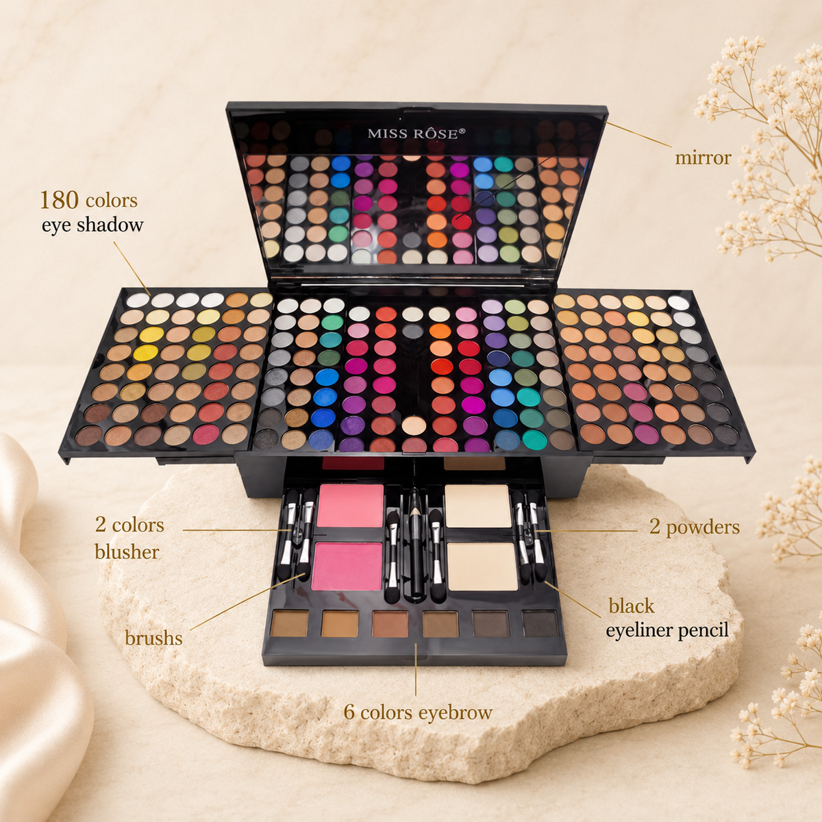 Makeup palette labelled contents mirror blusher powder eyebrow