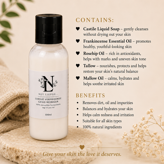 Net Liefde Tallow Face Wash contains castile soap frankincense rosehip oil tallow mallow oil, benefits