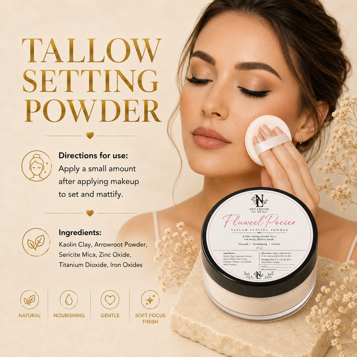 Net Liefde Fluweel Poeier tallow setting powder, directions for use and ingredients, natural nourishing gentle soft focus finish