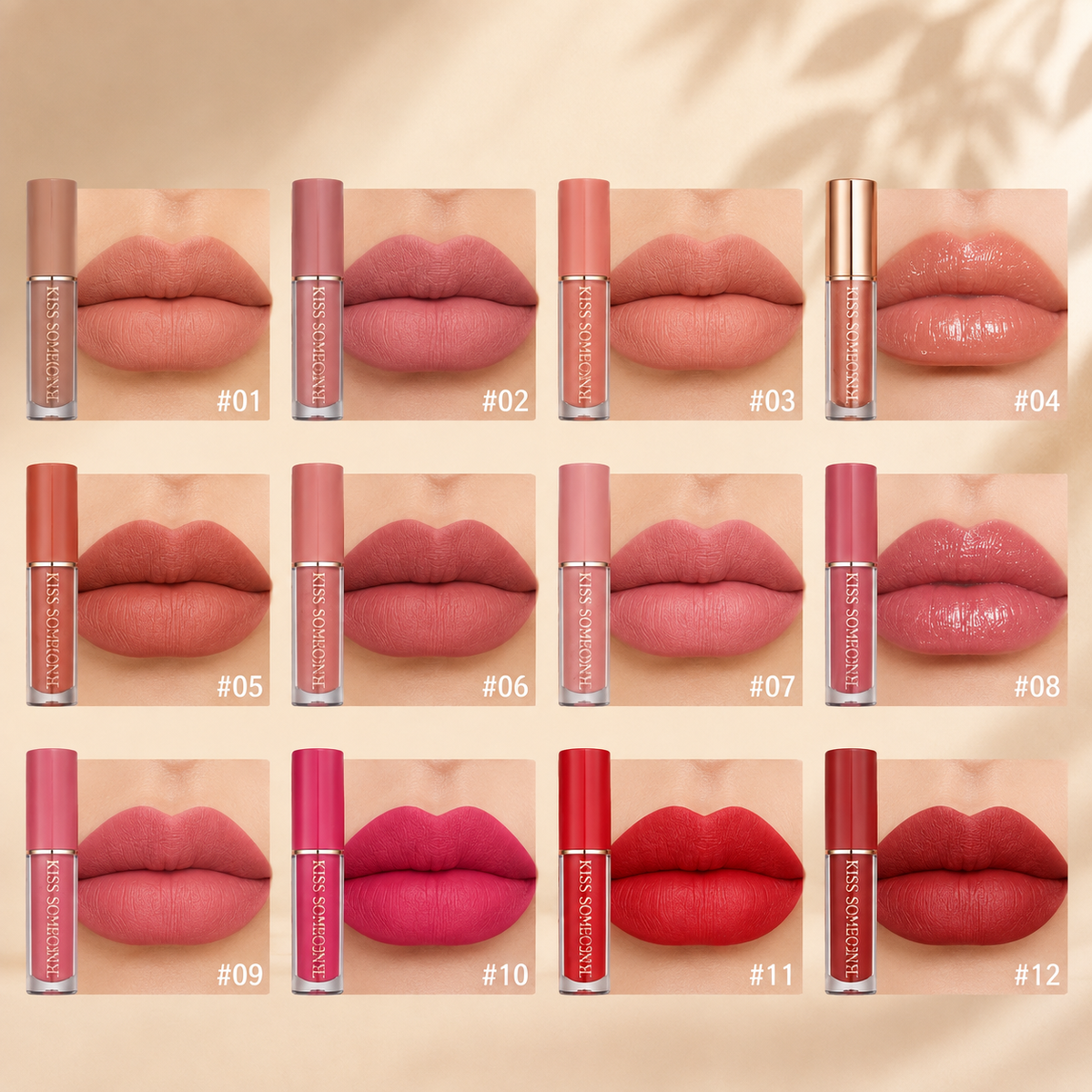 Kiss Someone 12 lipstick shade swatches on lips