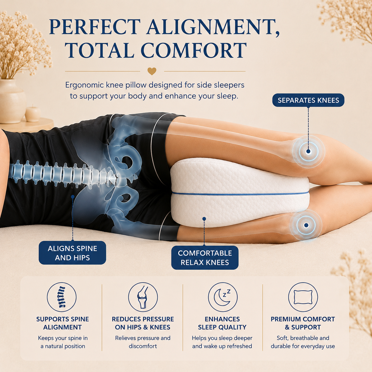 Better alignment better sleep, knee pillow benefits