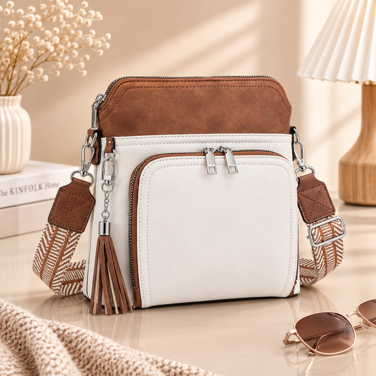 Glowth crossbody bag, white and brown, product photo