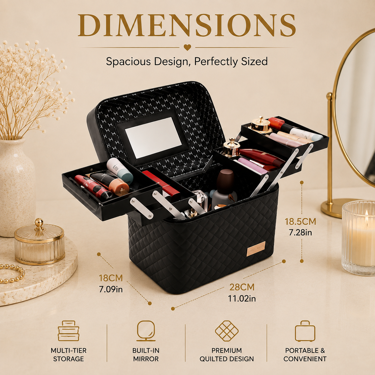 Glowth Quilted Makeup Storage Case dimensions