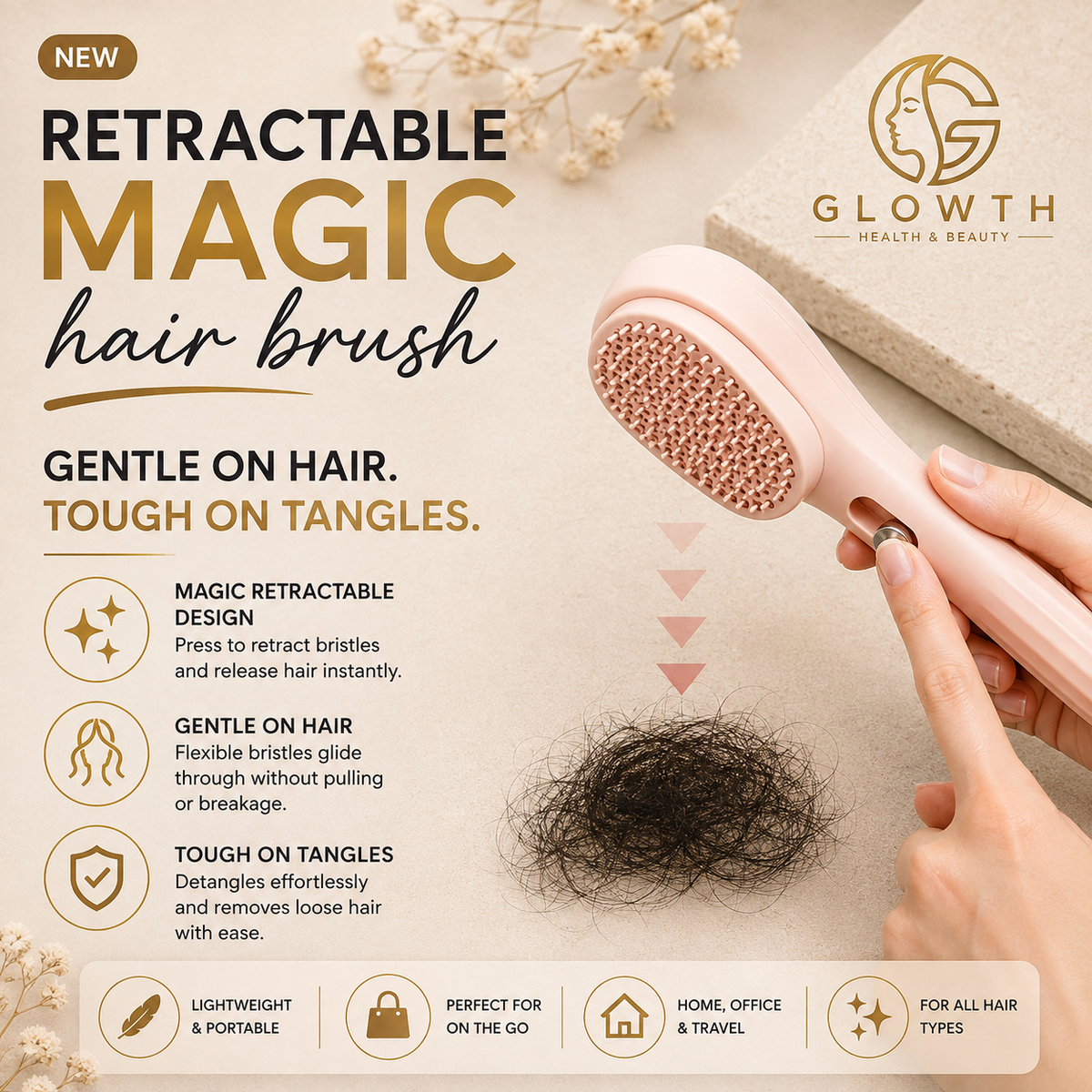 Retractable magic hair brush, gentle on hair tough on tangles