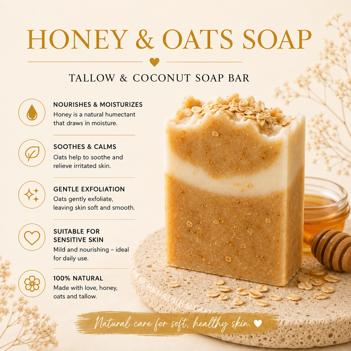 Net Liefde Honey and Oats Soap, nourishes moisturizes soothes calms gentle exfoliation, suitable sensitive skin
