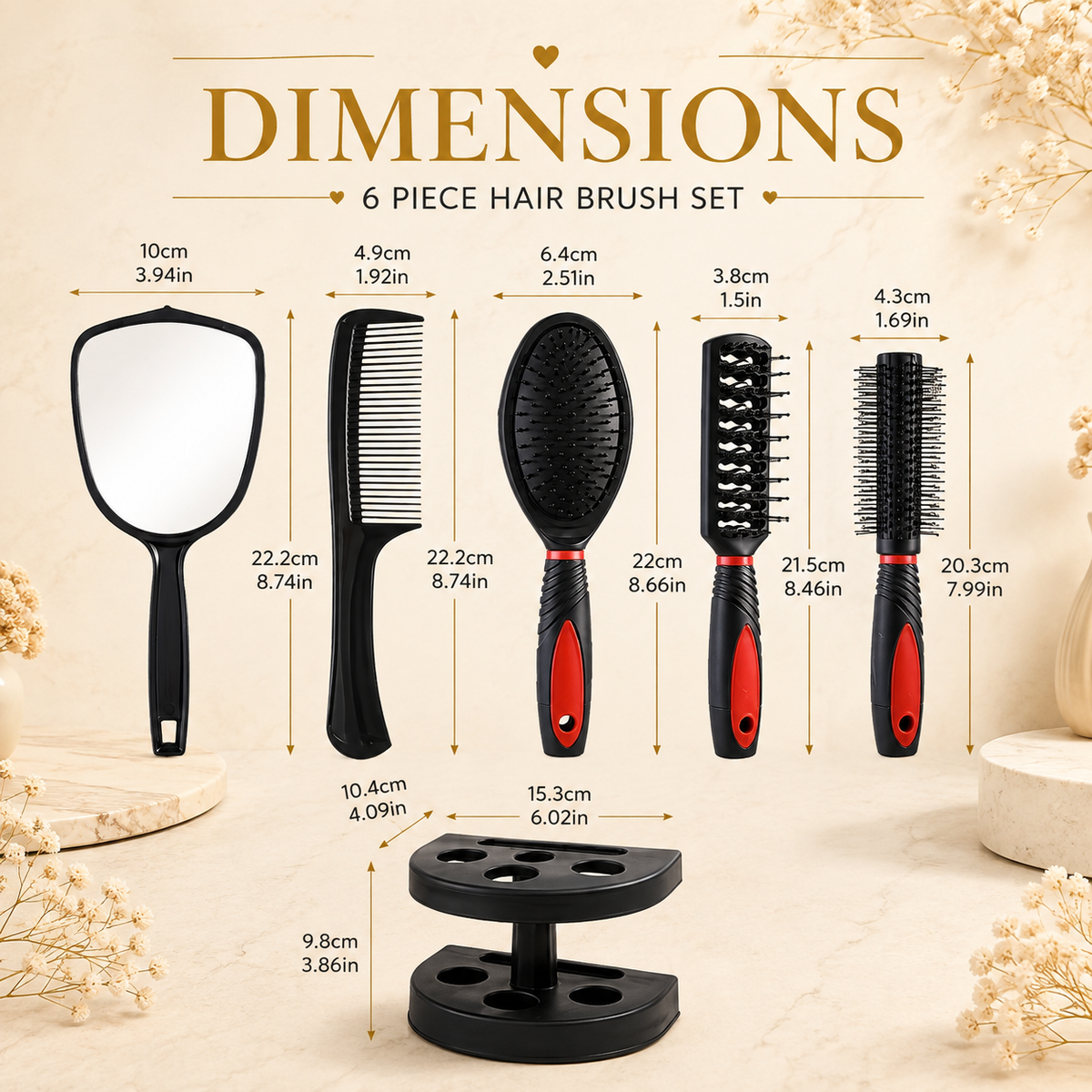 Glowth 6-Piece Hair Brush Set dimensions