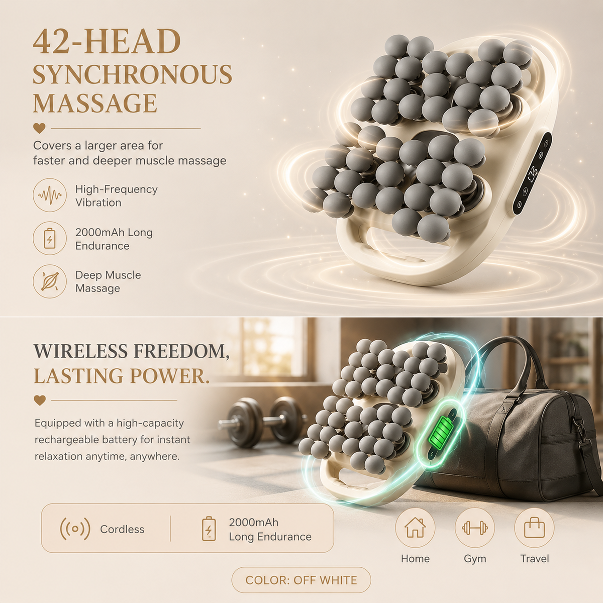 42-head synchronous massage, wireless freedom lasting power