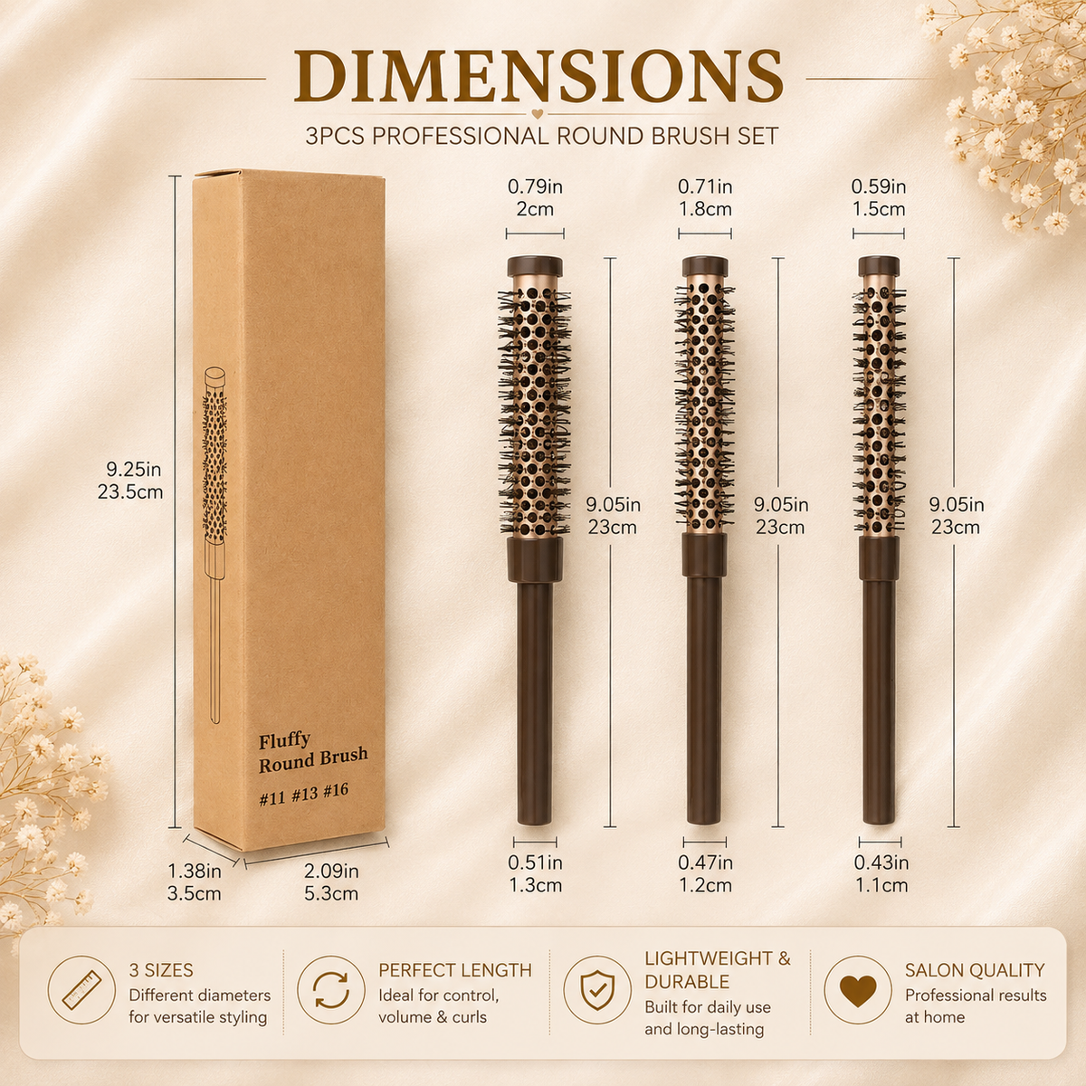 Glowth 3pcs Fluffy Round Brush Set dimensions