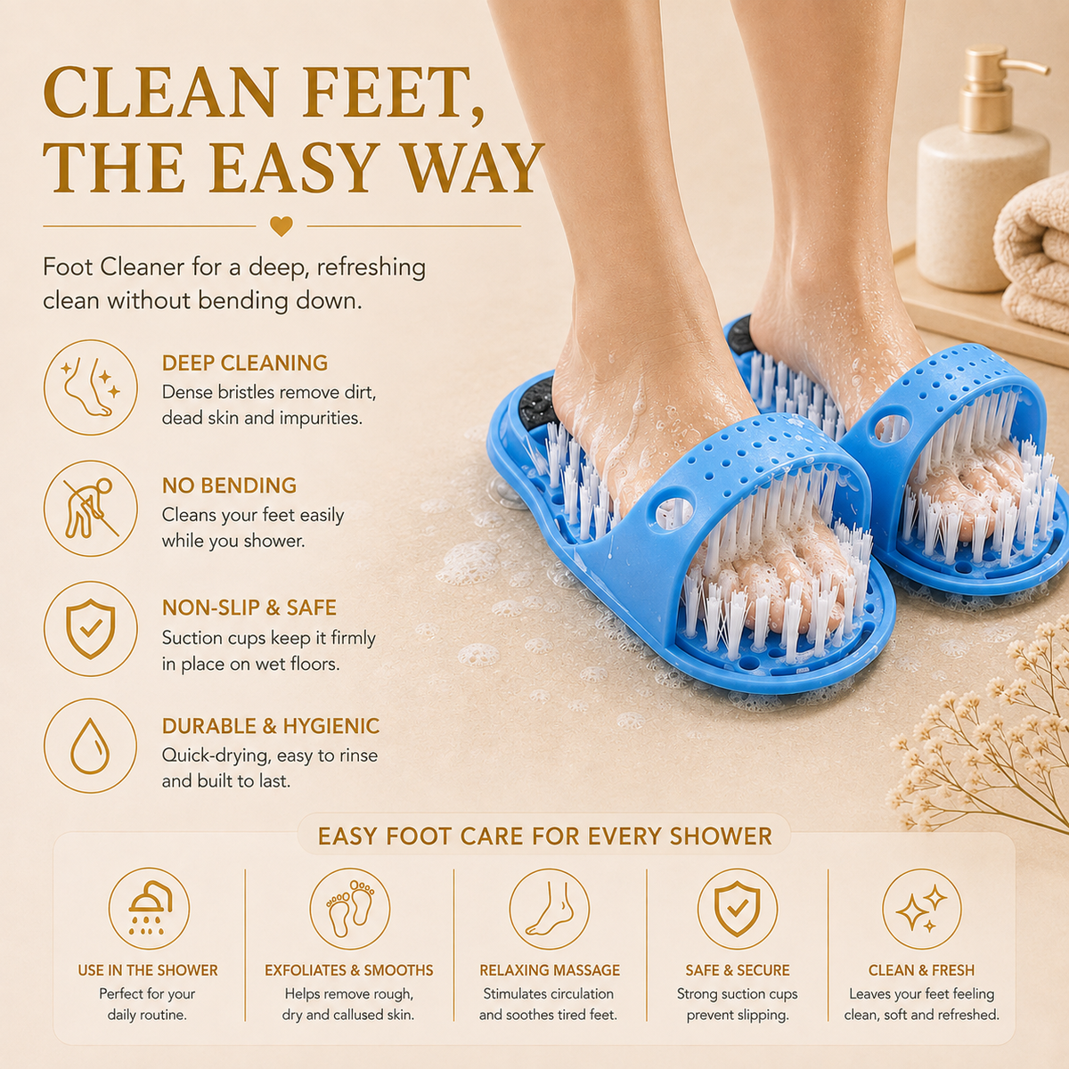 Shower foot scrubber in use