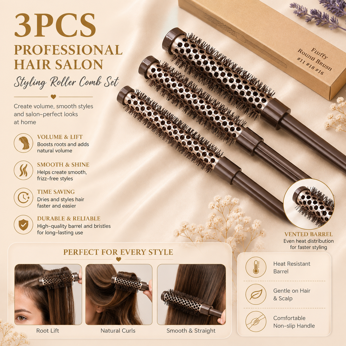 Glowth 3pcs Fluffy Round Brush Set styling looks and vented barrel