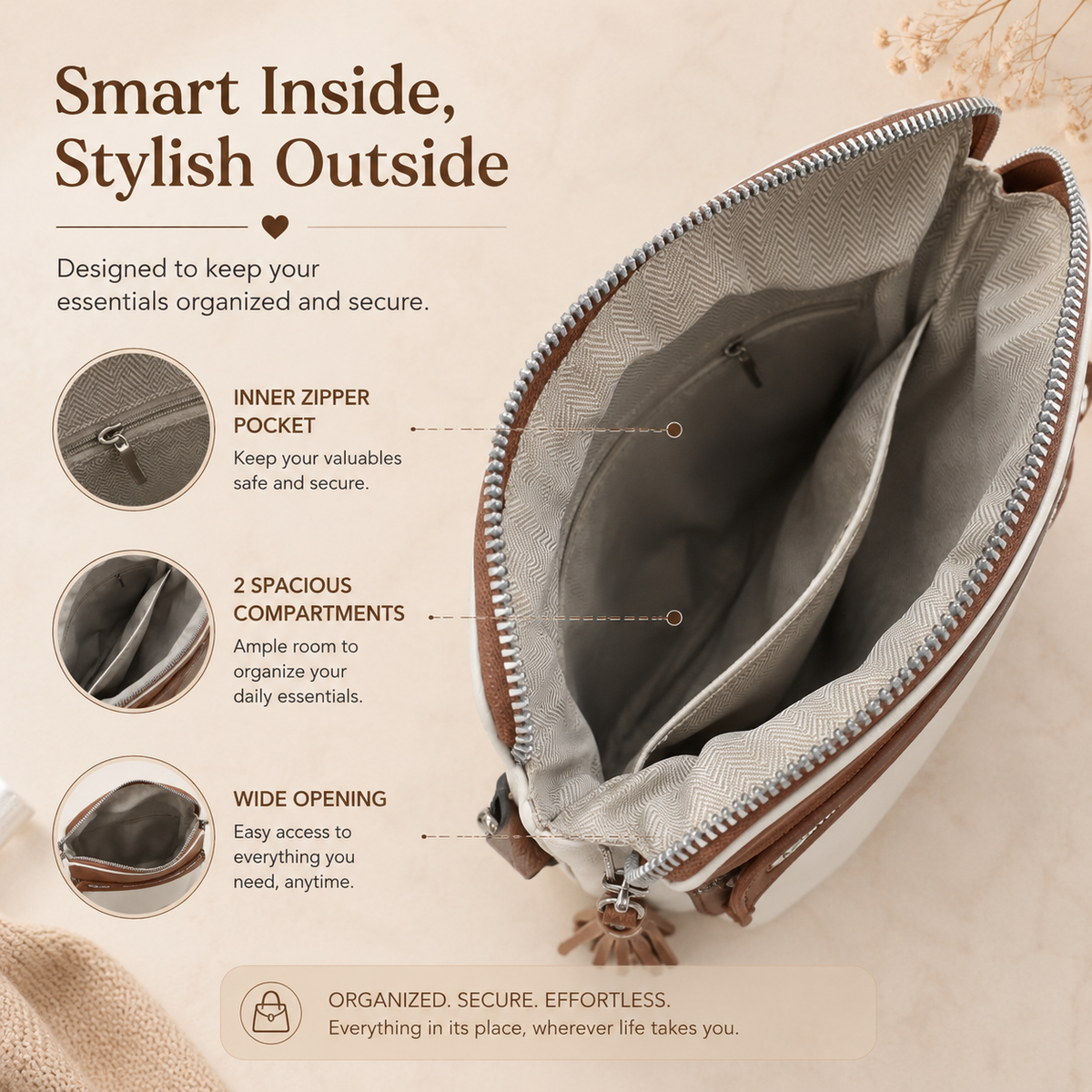 Crossbody bag interior, smart inside stylish outside