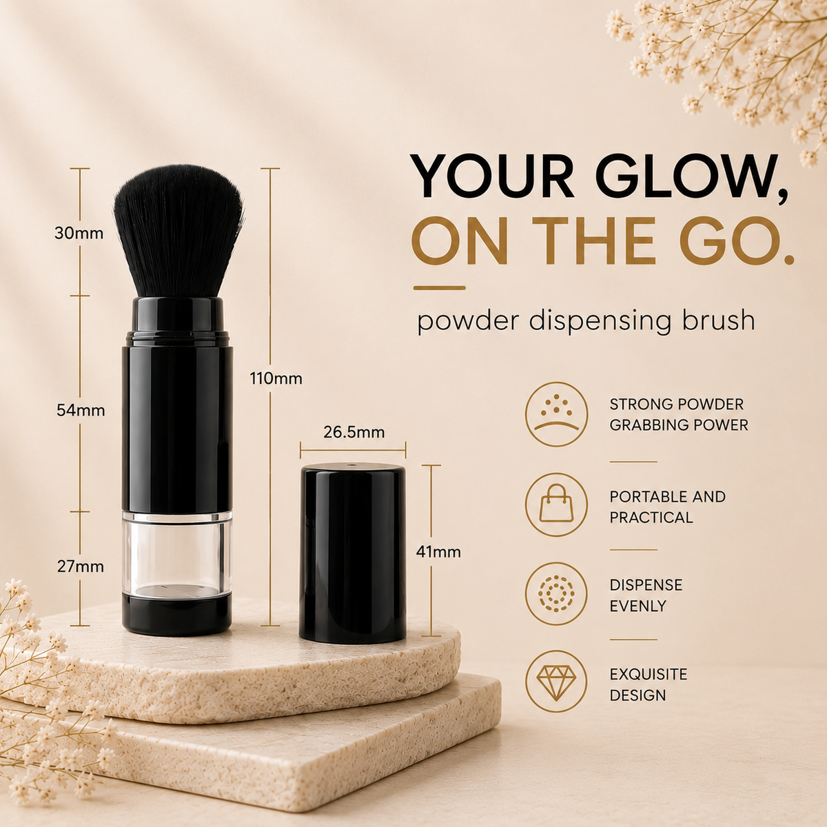 Your glow on the go, powder dispensing brush dimensions