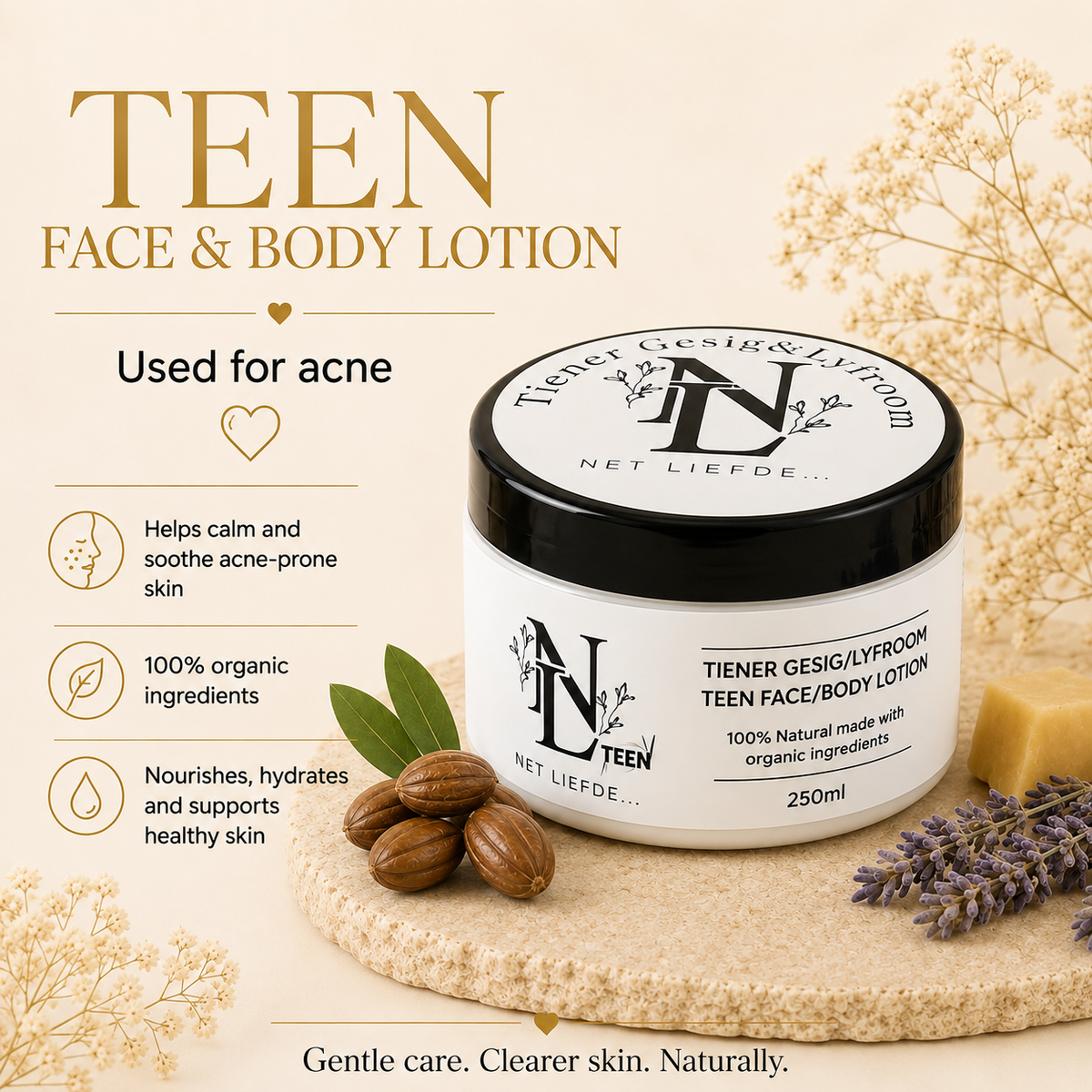 Net Liefde Teen Face and Body Lotion, used for acne, helps calm soothe acne prone skin, 100% organic ingredients, 250ml