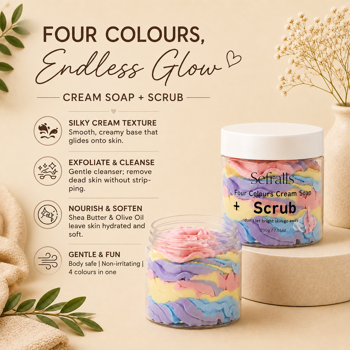 Glowth Four Colours Cream Soap + Scrub benefits