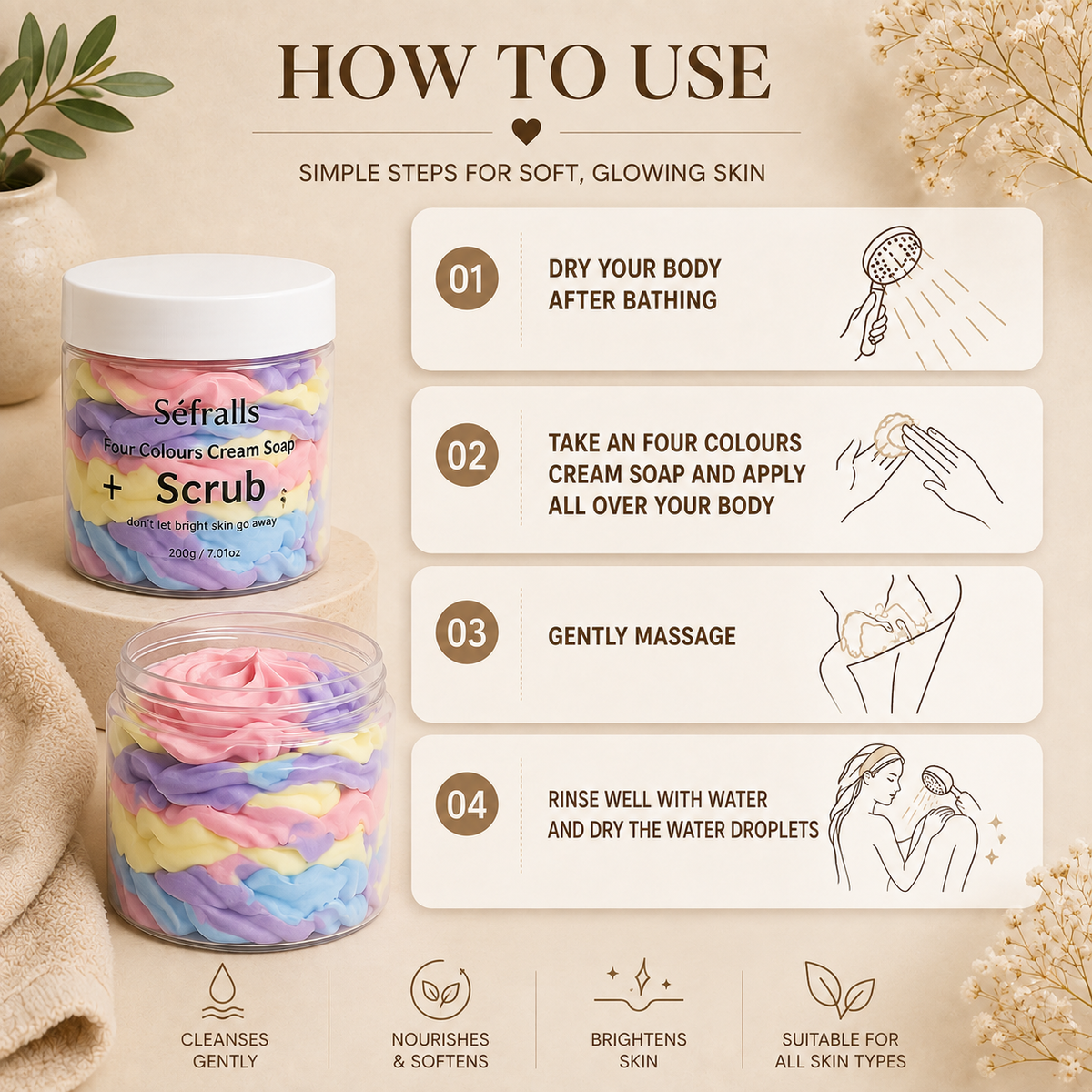 Glowth Four Colours Cream Soap + Scrub how to use