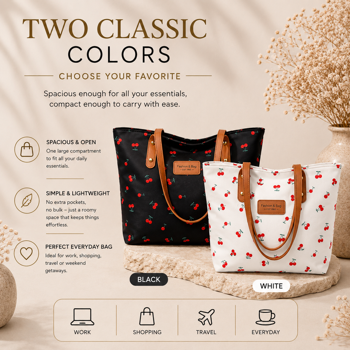 Cherry Print Tote two classic colors