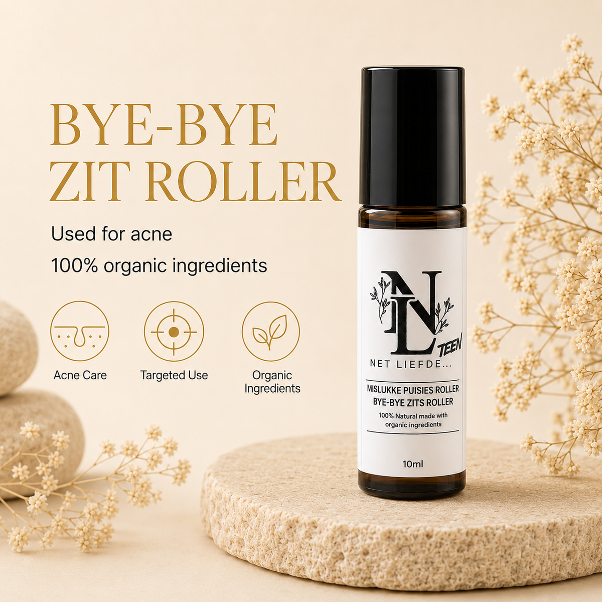 Net Liefde Bye Bye Zit Roller, used for acne, acne care targeted use organic ingredients, 10ml