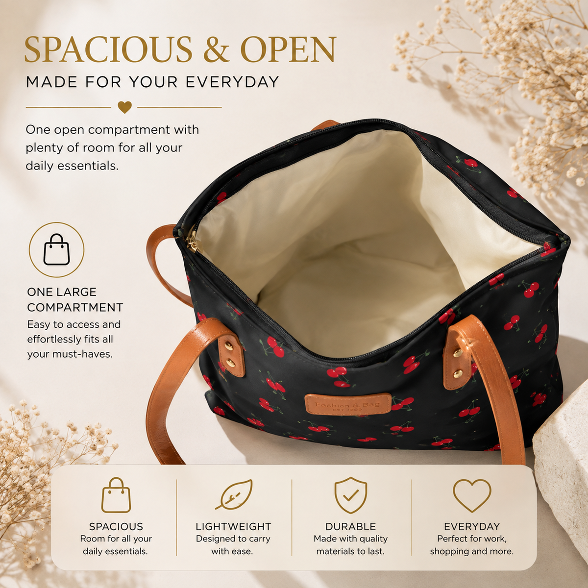 Cherry Print Tote spacious open interior