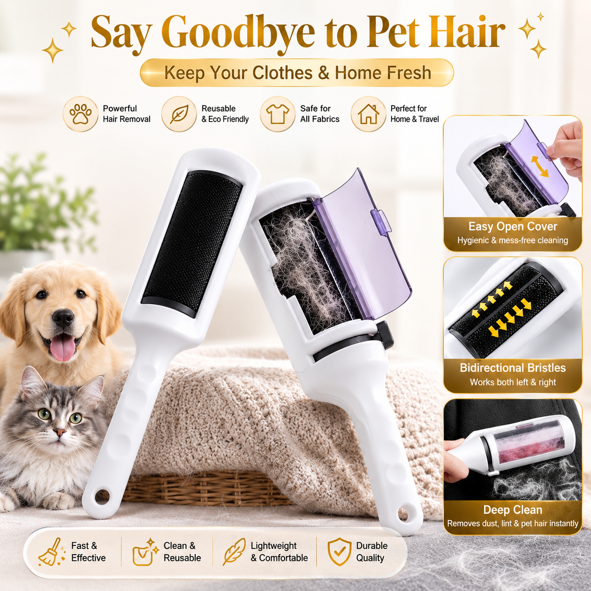 Lint & Pet Hair Remover Brush say goodbye to pet hair