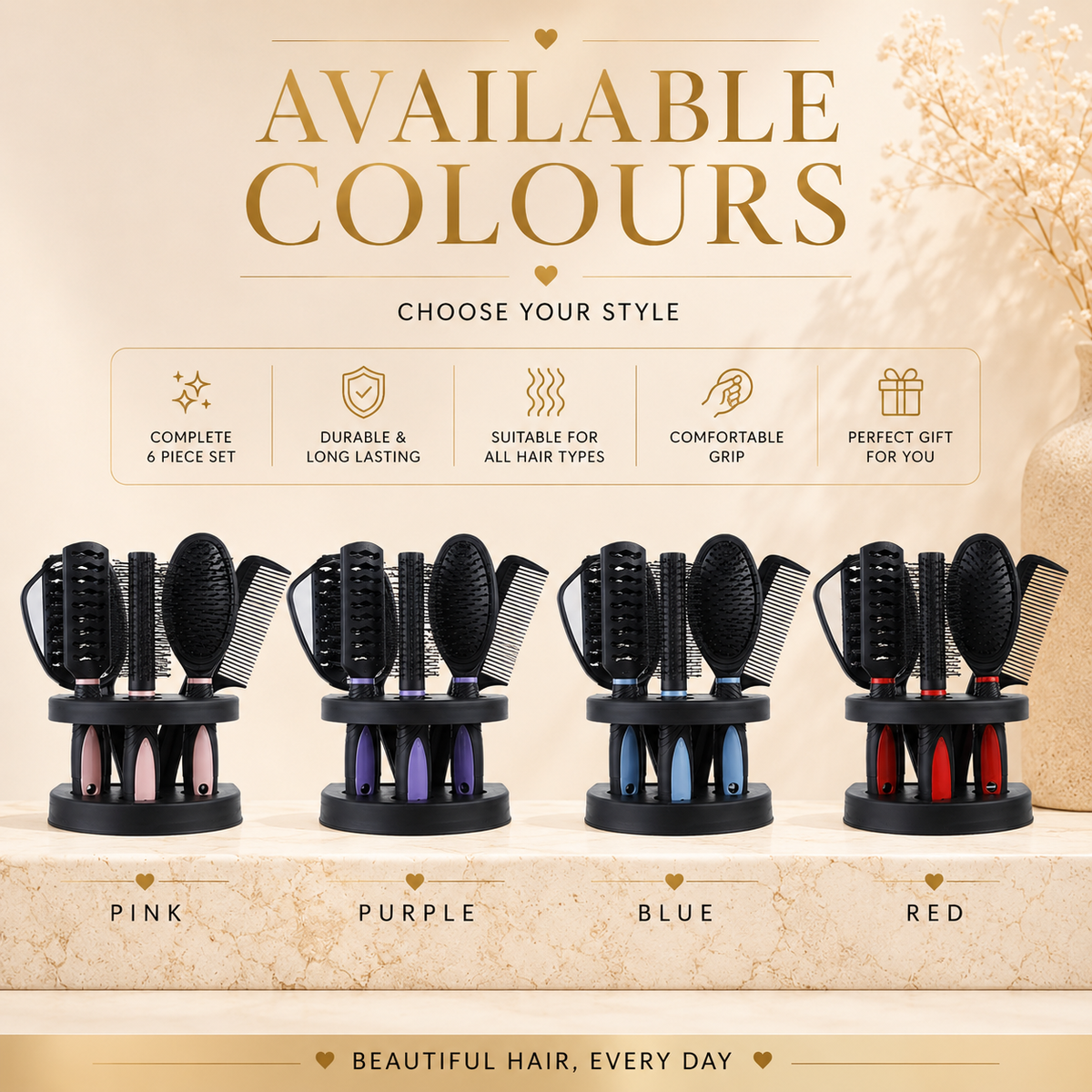 Glowth 6-Piece Hair Brush Set available colours