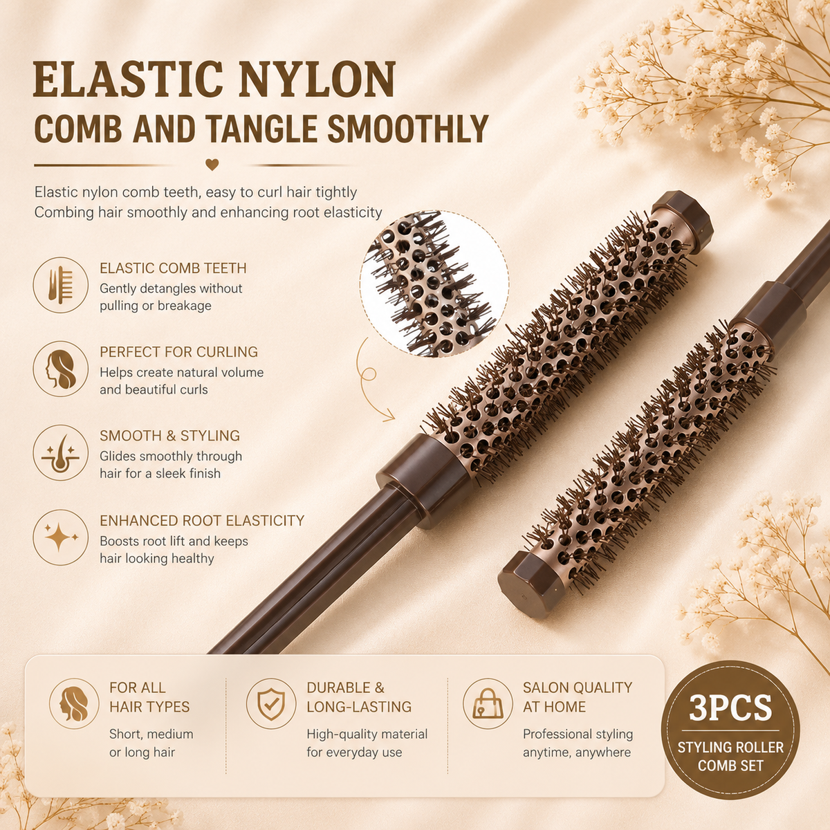 Glowth 3pcs Fluffy Round Brush Set elastic nylon features